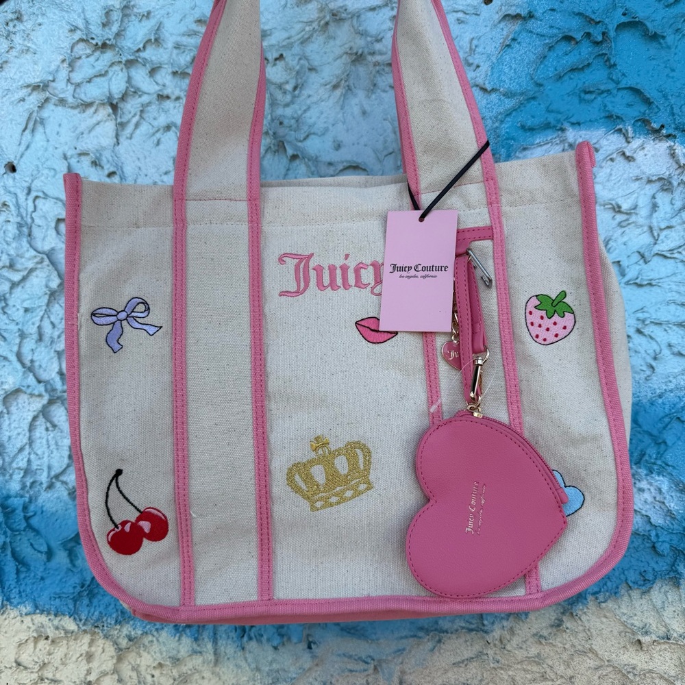 Juicy Couture Pink Canvas Tote Bag Strawberry Cherry Y2K Shopper NWT